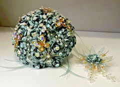 Bridal Wedding Bouquet Sea Foam Green Pearls Floral Embellished & Corsage