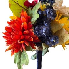 Autumn Wedding Bouquet Boutonniere Set Sunflower Navy Blue Orange Silk Flowers