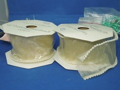 Wedding craft supplies – beads, wired ribbon with beads, leaves, clear doves