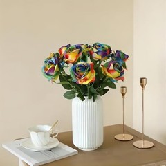 12 PCS Artificial Flowers Rainbow Roses Silk Flowers Fake Long Stem Colorful