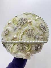 Handmade Wedding Bouquet White Light Green Pearl Artificial Flower Bling Bridal