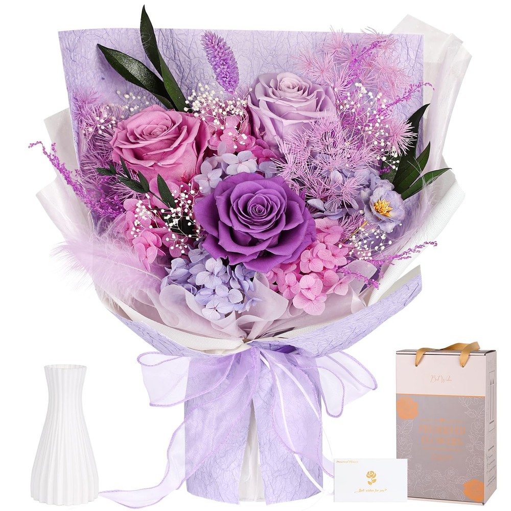 Preserved Bouquet of Flowers – 3 Roses & for Purple
