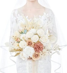 Artificial Rose Bridal Bouquet Ribbon Beaded Wedding Handheld Prop Decoration