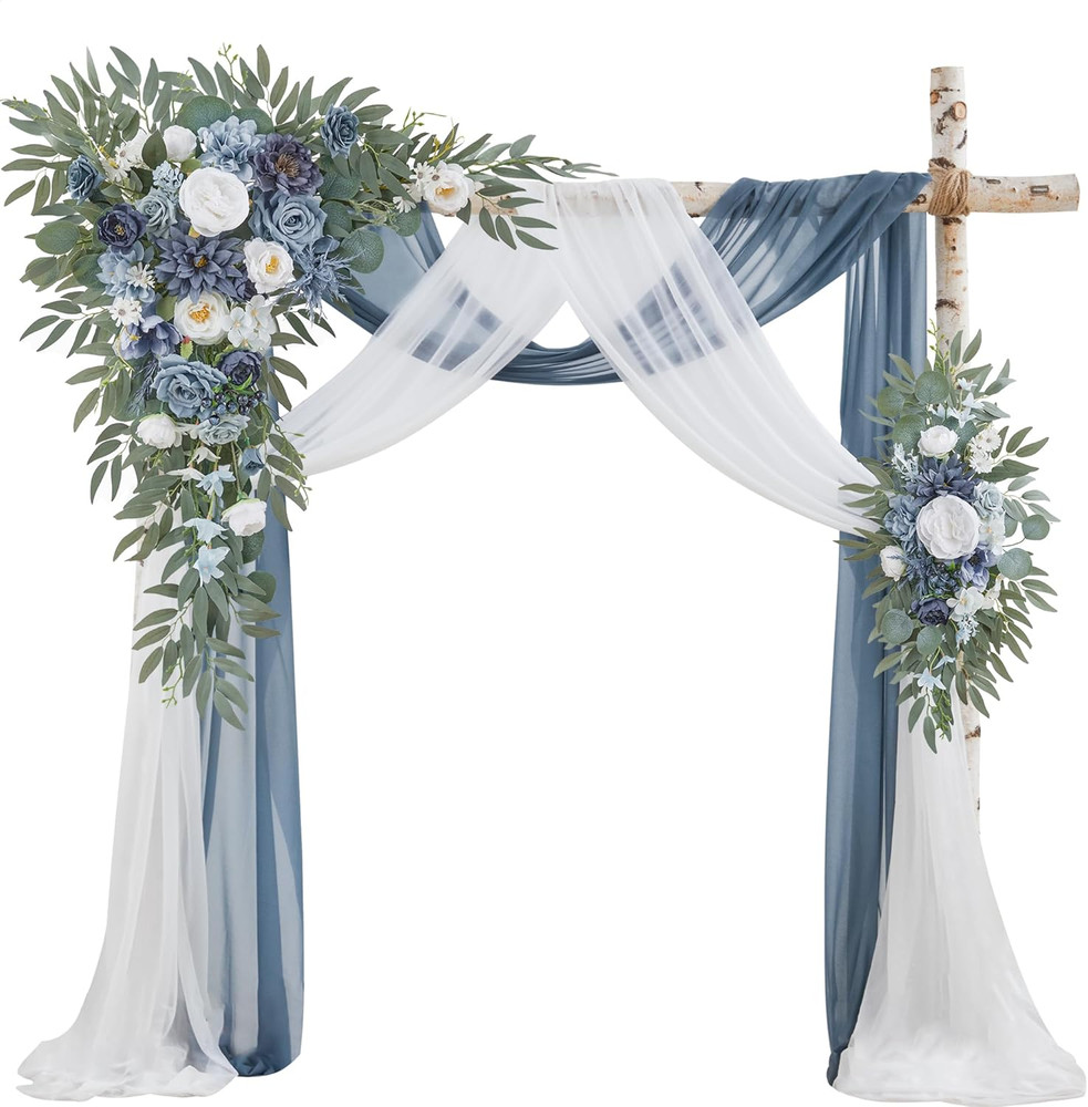 Dusty Blue Wedding Arch Flowers & Sheer Drapes Kit – Pack of 4
