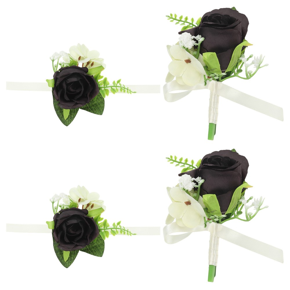 4 Pcs Artificial Rose Wrist Corsage and Boutonnieres Set Wedding Black