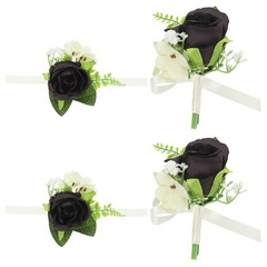 4 Pcs Artificial Rose Wrist Corsage and Boutonnieres Set Wedding Black