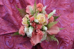Pink calla lily & rose, creme rose floral bouquet with matching boutonniere