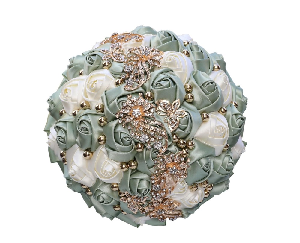 Handmade Wedding Bouquet with Golden Rhinestone Brooch Pearl Bridal Bouquet f…