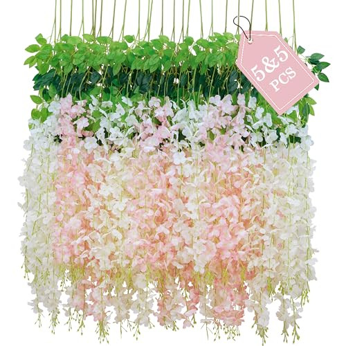 10 Pcs White & Pink Wisteria Hanging Flowers, 3.6Ft/Pcs Fake Wisteria