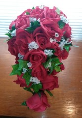 New 14″ Long Red Rose Cascade Bride Bouquet And Boutonniere- Ivy, Babies Breath