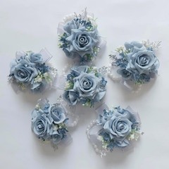 MAFELOE Wrist Corsage and Boutonniere Set Artificial Rose Flowers Blue