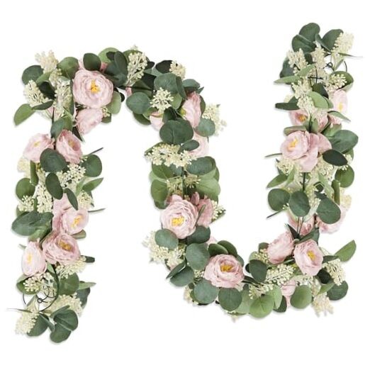 2 Pcs Pink 6.6Ft Artificial Eucalyptus Flower Garland with Fake Rose Pink-2pcs