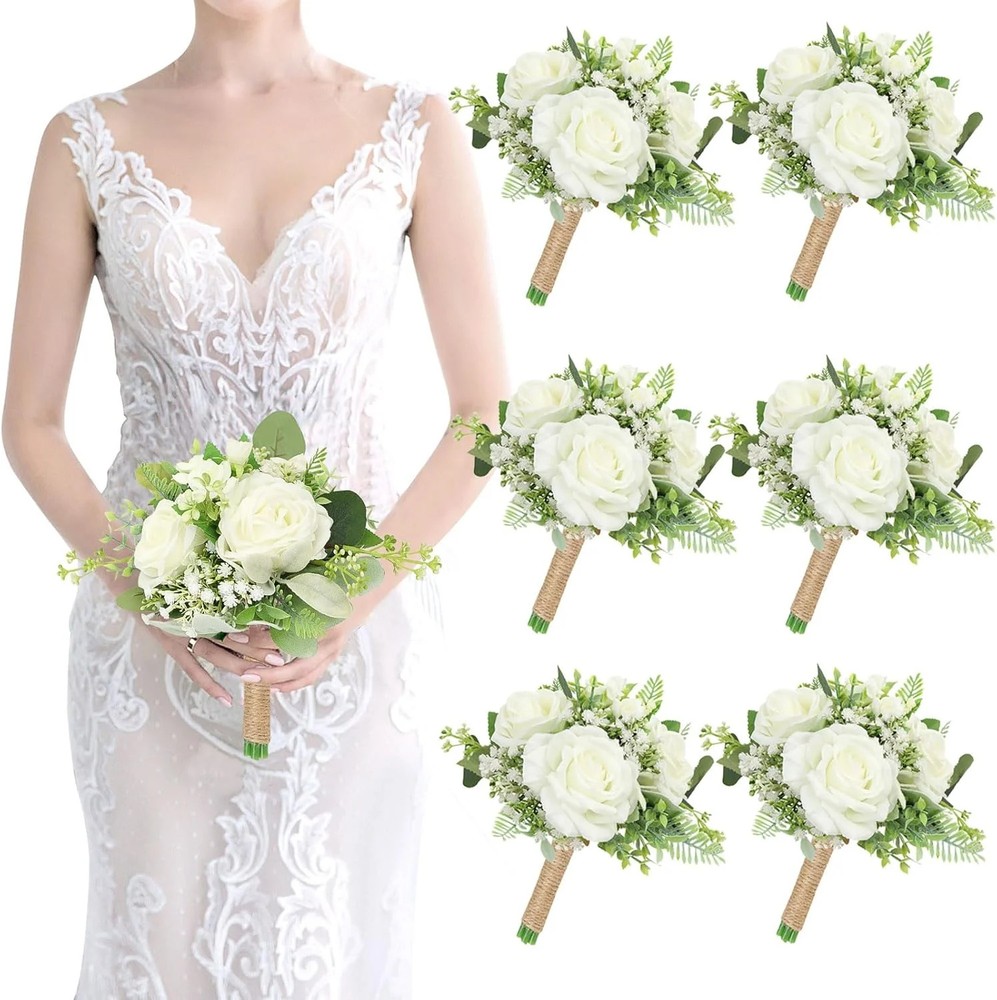 Bridesmaids Bouquets Set of 6 Ivory White Artificial Flowers 7 Inch Bridesmaid B