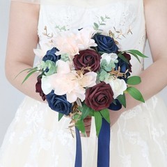 Wedding Bouquet Pink Burgundy & Blue Bride Bridal Bridesmaid Bouquets Silk