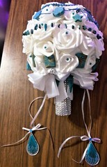 Bridal Wedding Bouquet Color Turquoise Gem Stone Brooch White Latex Rose Flowers