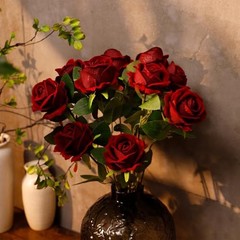 12 Pcs Artificial Rose Flowers Silk Roses with Long Stems, Realistic Dark Red