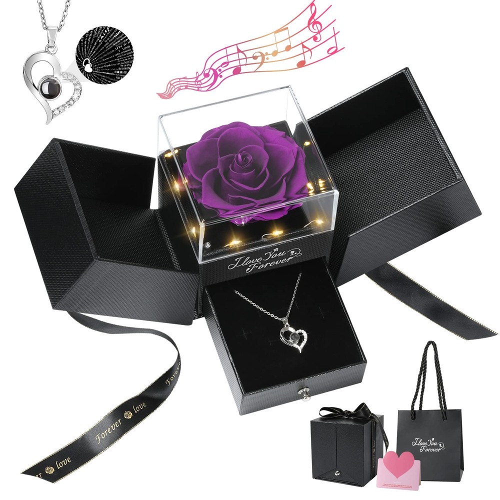 Preserved Rose Gifts for Women, Eternal Flower Rose Box with Heart Necklace. R..