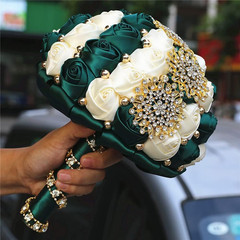 Emerald Green Ivory Bridal Wedding Bouquet with Gold Rhinestone Pearl for Quince