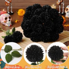 36 Pcs Black Artificial Marigolds Faux Ball Chrysanthemum Flowers Bouquet Sil…