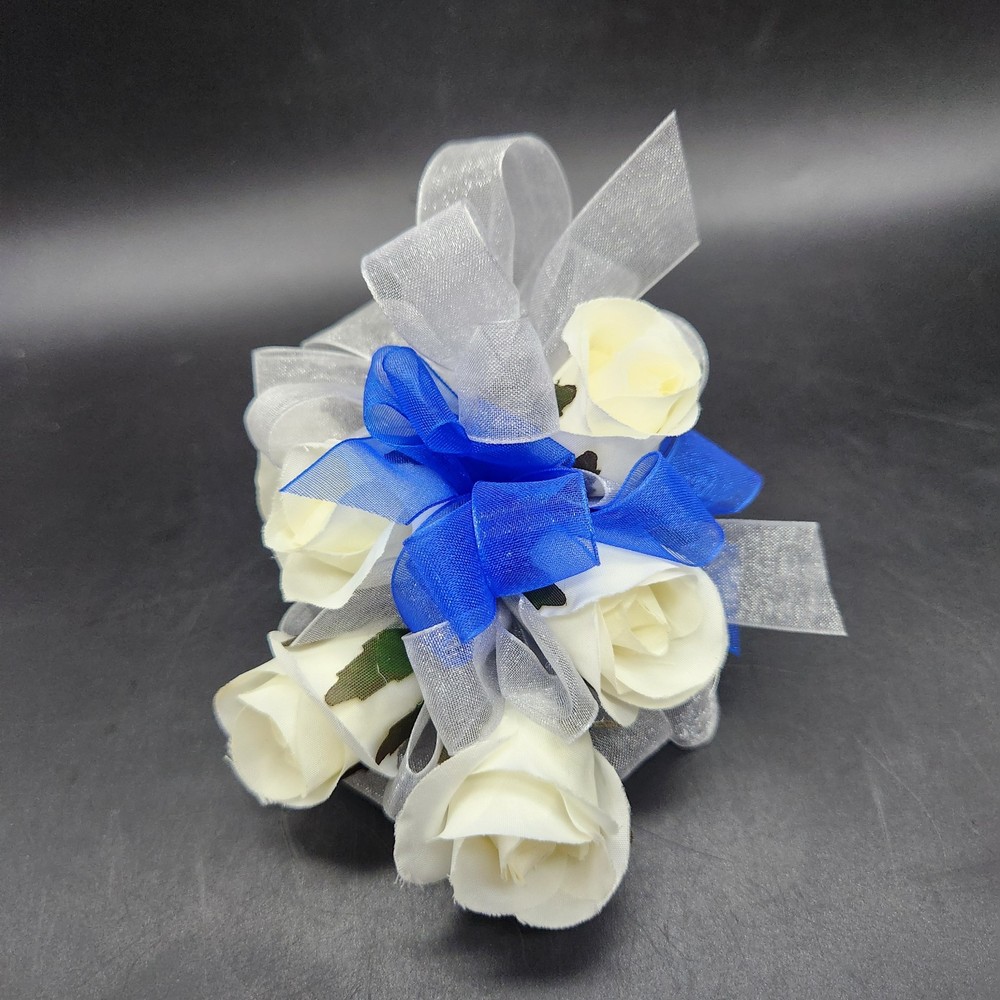 5 White Rose Boutonnaire Corsage White & Blue Ribbons 5″ Handmade Prom Holiday