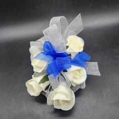 5 White Rose Boutonnaire Corsage White & Blue Ribbons 5″ Handmade Prom Holiday