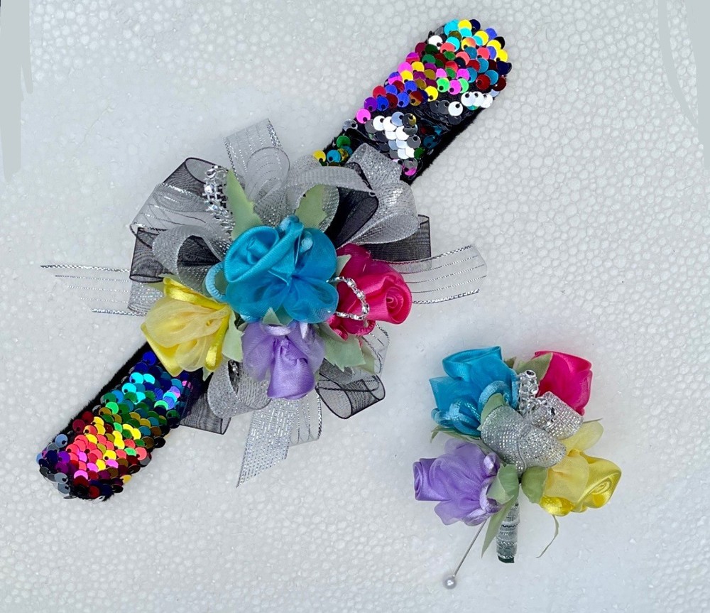 Rainbow Wrist Corsage & Boutonniere Prom Dance Wedding Flowers