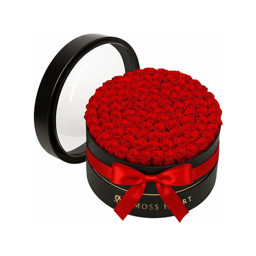 Moss Heart 100 Petite Preserved Roses, Large Round Shaped Box, 100 Red