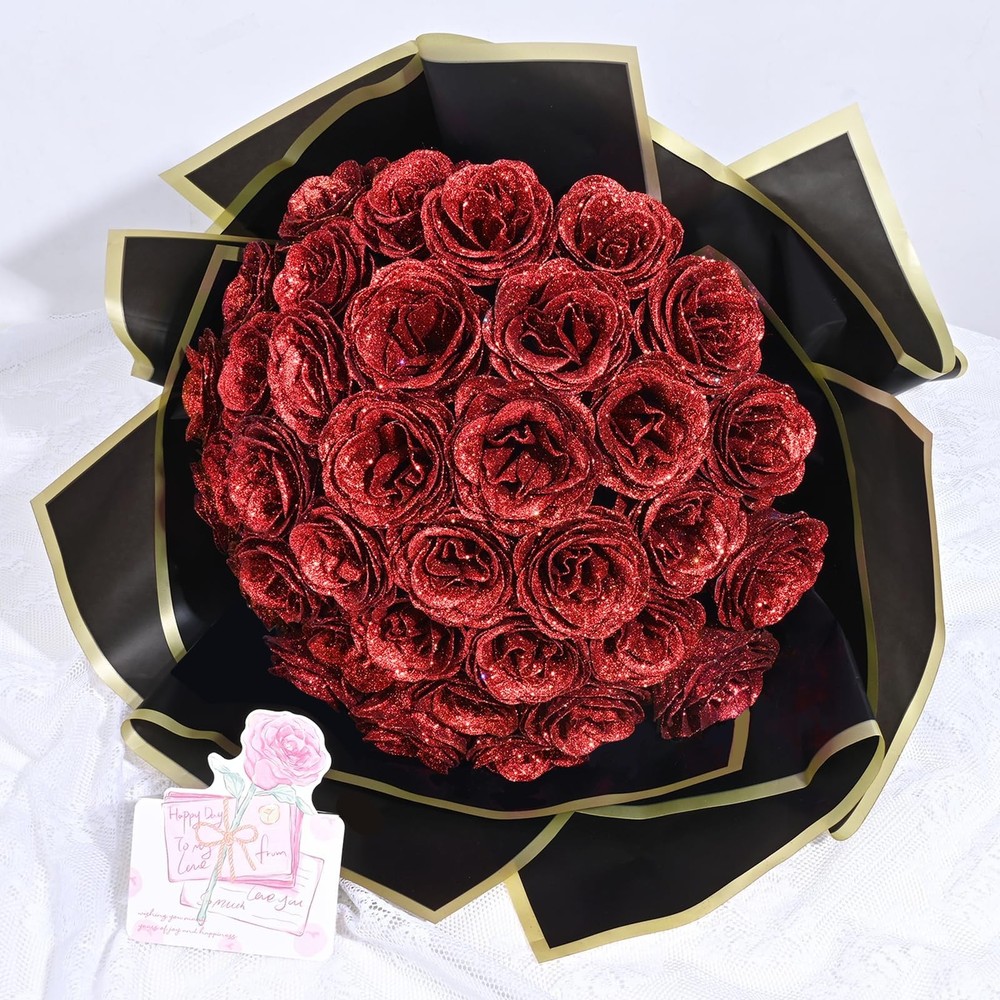 Waipfaru Glitter Roses Bouquet, DIY Fake Flowers Birthday 36pcs, Red
