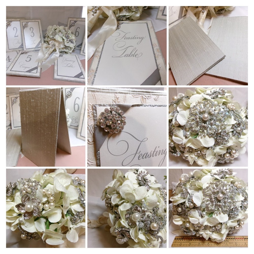 Vtg Wedding Handmade Brooch Bouquet Flowers~Rhinestones~+Table Tents Bridal Lot