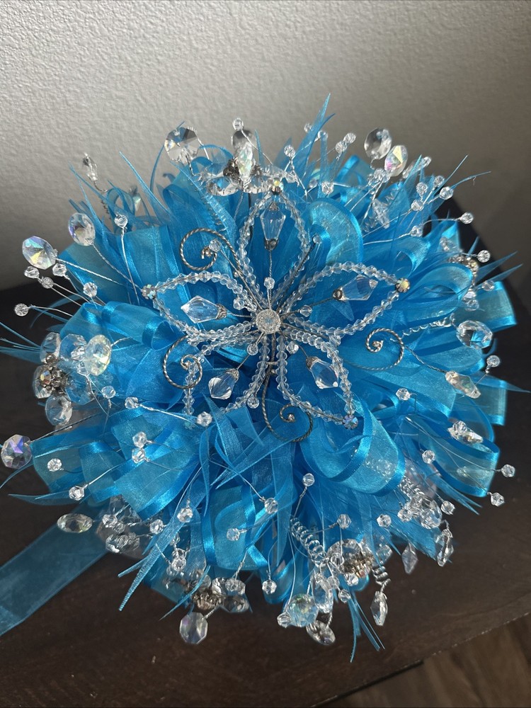 Quinceañera Bouquet Turquoise Aqua Silver Crystals Rhinestones Ramo Sweet 15