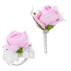 2Pcs Wrist Corsage Boutonnieres Set with White Ribbon, Light Pink