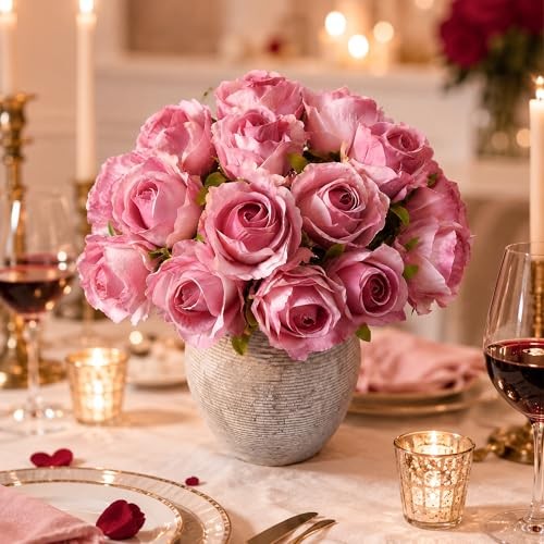 18pcs Pink Roses Artificial Flowers, Fake Roses Silk Flowers with Stems
