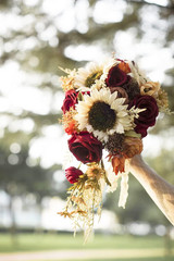 9 Inch Vintage Sunflower Wedding Bouquets for Bride Artificial Burgundy Rose Cas