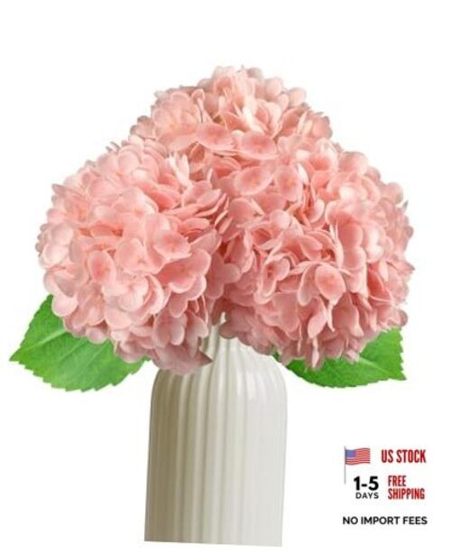 3Pcs Real Touch Hydrangea Artificial Flowers – 16.7″ 3D Latex Light Light Pink