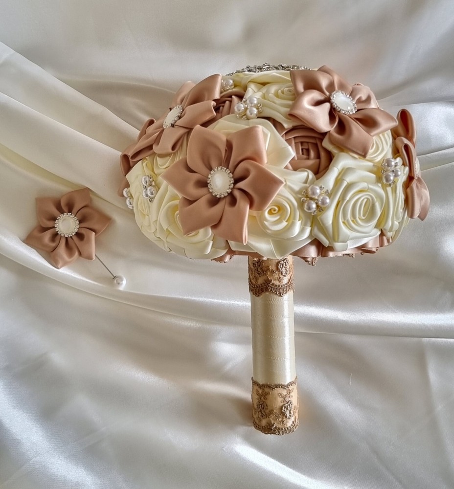 Bridal Bouquets Cream, Tan Satin Ribbon Roses, Crystal Brooches, Buttonhole…
