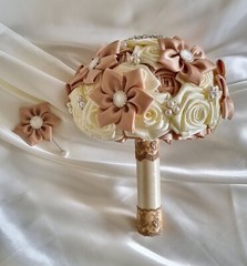 Bridal Bouquets Cream, Tan Satin Ribbon Roses, Crystal Brooches, Buttonhole…