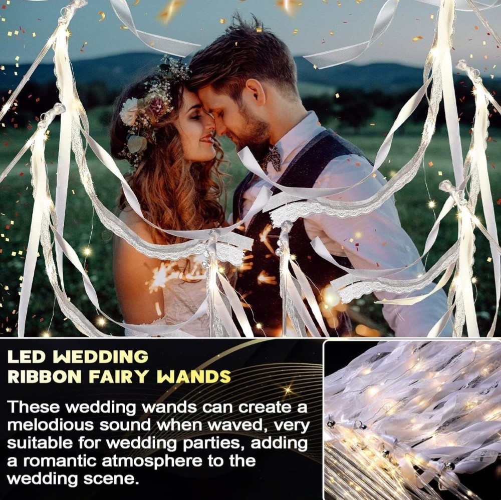 24 Pcs LED Wedding Ribbon Fairy Wands & Silver Bells – Warm White Glow
