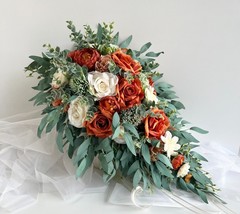 Cascading Wedding Bouquet Bunt Orange Rust Ivory Eucalyptus Gum Autumn Cascade