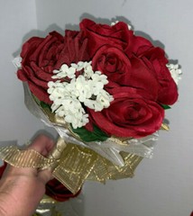 LOT OF 8 SILK Red Rose Wedding Bouquets with Gold Wired Ribbon & Gold & Shiny