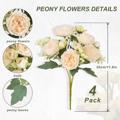 MARTINE MALL 4 Packs Peonies Artificial Flowers, Champagne 4PCS,