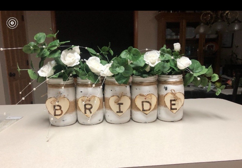 BRIDE Rustic Mason Jars W/ Flowers Beads Greenery Wooden Hearts Twine