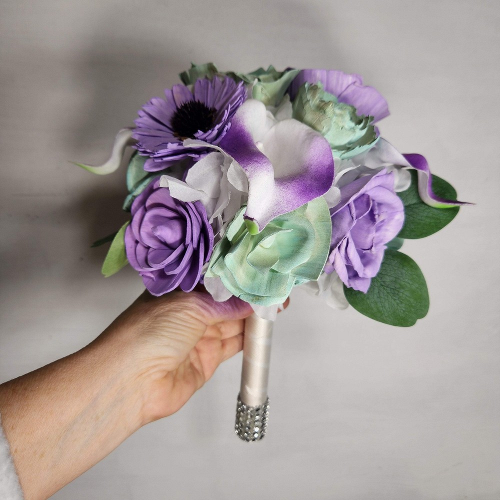 Lavender Light Green Rose Calla Lily Real Touch Bridal Wedding Bouquet Accessori