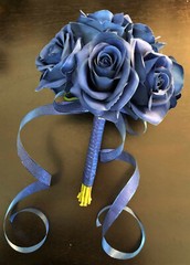 Royal Blue Faux Flower Roses Bridal Wedding Bouquet Vintage Rhinestone & Pearl 