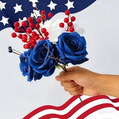 Patriotic Artificial Rose Flowers Berry Stem Picks Red White Blue Silk Floral