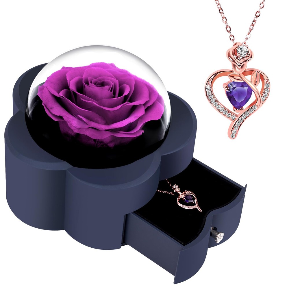 Preserved Rose with Heart Necklace Eternal Flower Gift for ONE ROSE, Purple