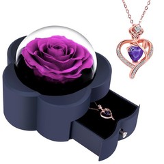Preserved Rose with Heart Necklace Eternal Flower Gift for ONE ROSE, Purple