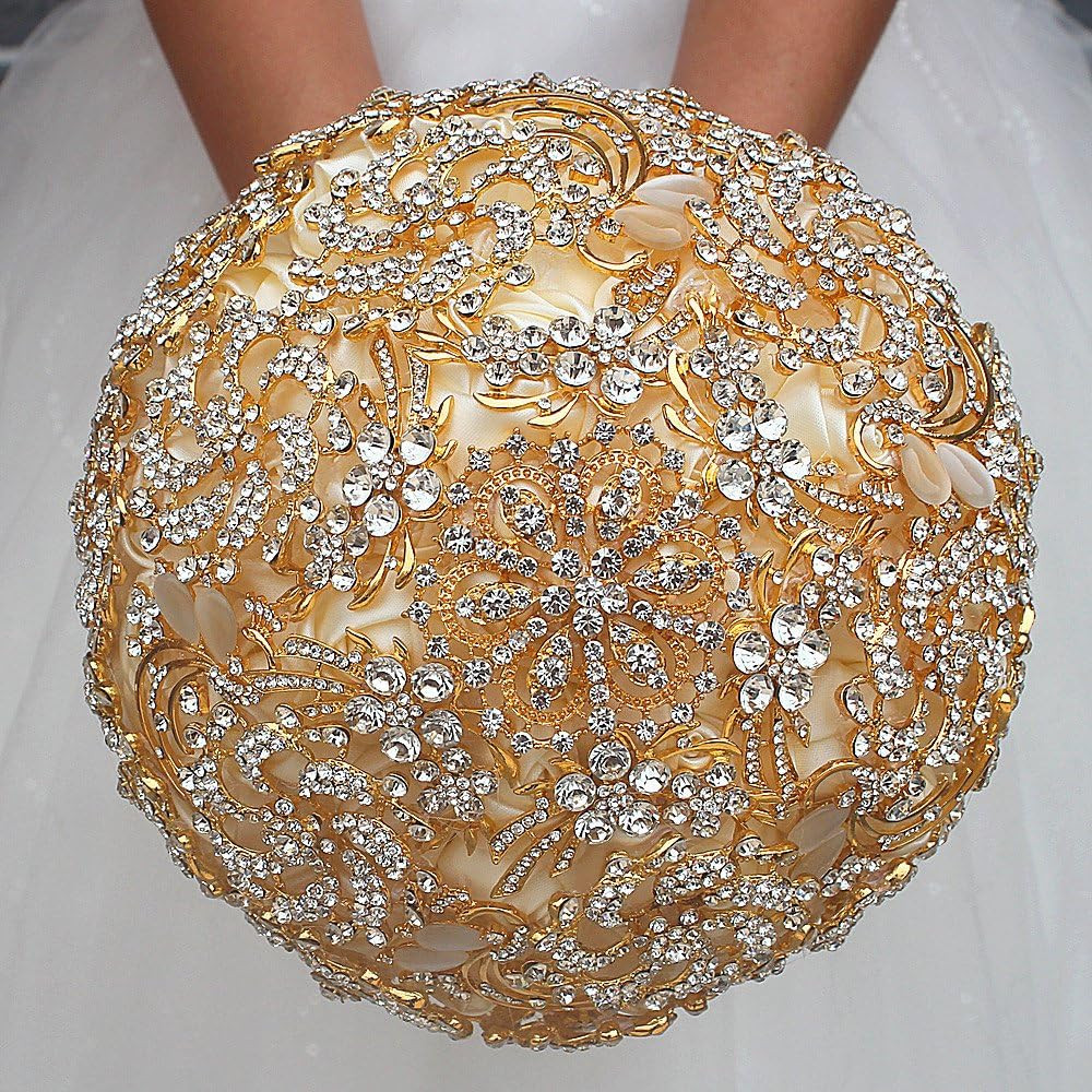 Wedding Bouquet with Golden Luxury Artificial Diamond,Set Including Bouquets, Wr