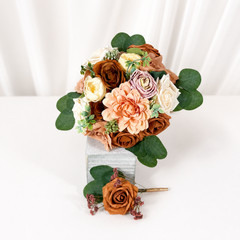 Burnt Orange Mauve Silk Rose Bridal Bouquet Boutonniere Wedding Set Decor