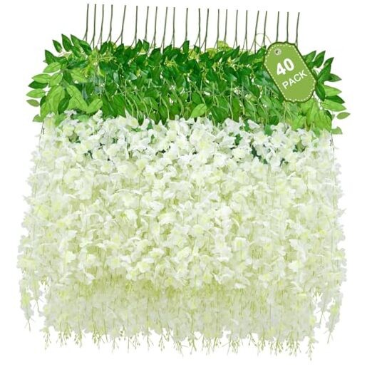 40 Pack Wisteria Hanging Flowers, Fake Flowers for Decoration, 40 Pcs White