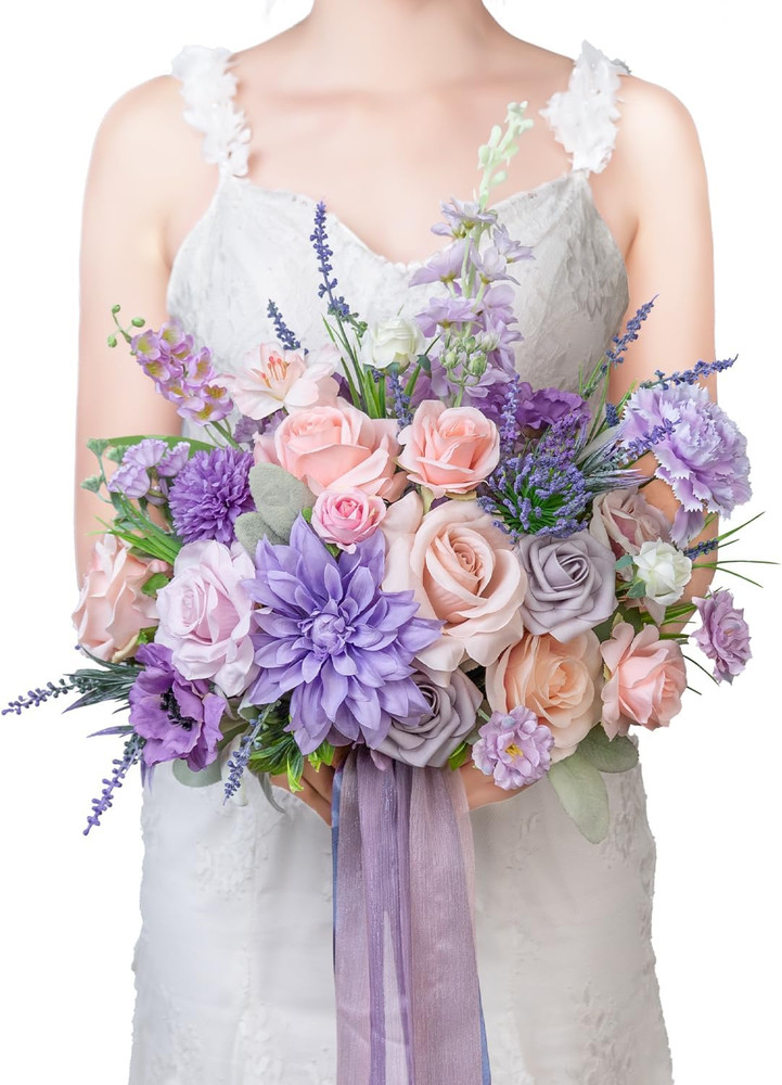 13 Inch Artificial Flower Wedding Bouquets for Bride, Cascading Bridal Bouquet f